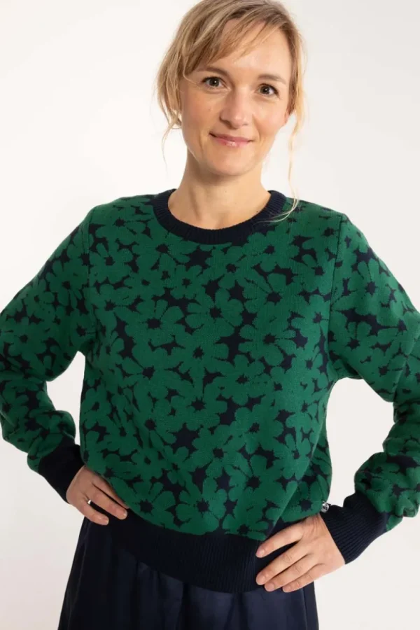 Danefæ Danefox Cotton Jaquard Sweater Dark Pine/Dark Navy | Dame Strik