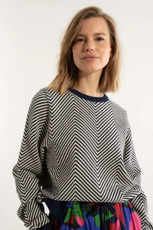 Danefæ Danefox Cotton Sweater Light Beige/Dark Navy | Dame Strik