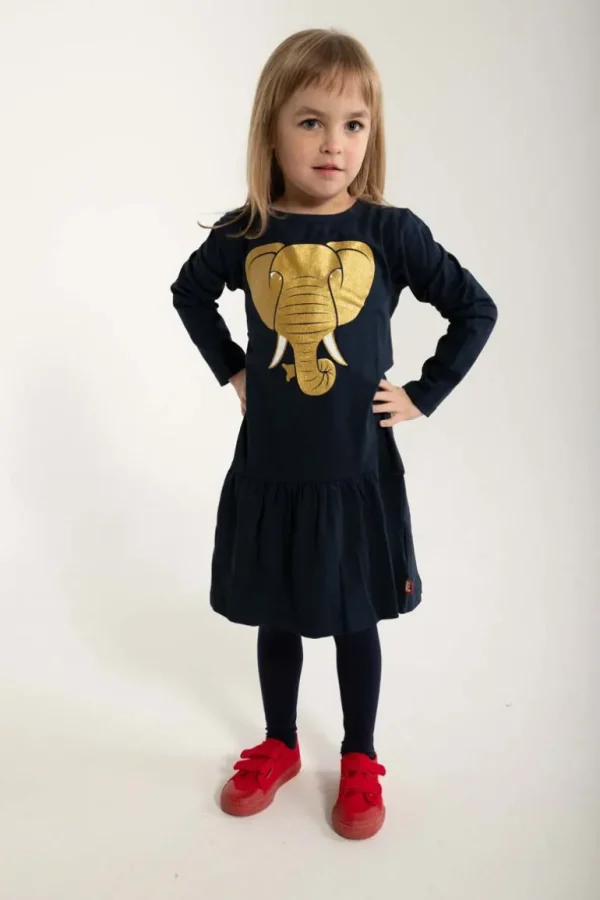 Danefæ Dyrzanzi Dress LS Dk Navy ELEFANT GOLD GLITTER | Børn Kjoler