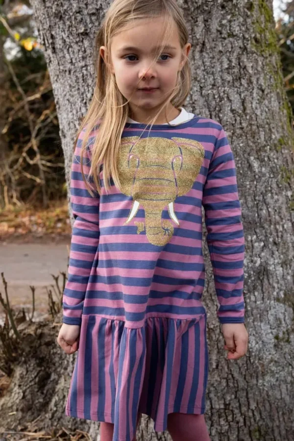 Danefæ Dyrzanzi LS Dress AOP/STRIB Grey Marine/Old Rose ELEFANT | Børn Kjoler