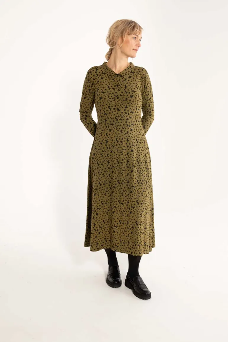 Danefæ ORGANIC - Danemusical Viscose Slub Dress Olive FLOWERY | Dame Kjoler