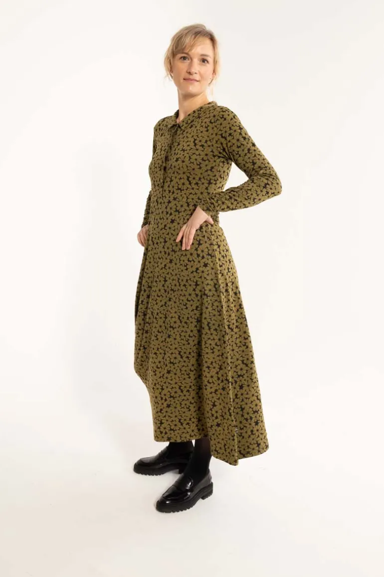 Danefæ ORGANIC - Danemusical Viscose Slub Dress Olive FLOWERY | Dame Kjoler
